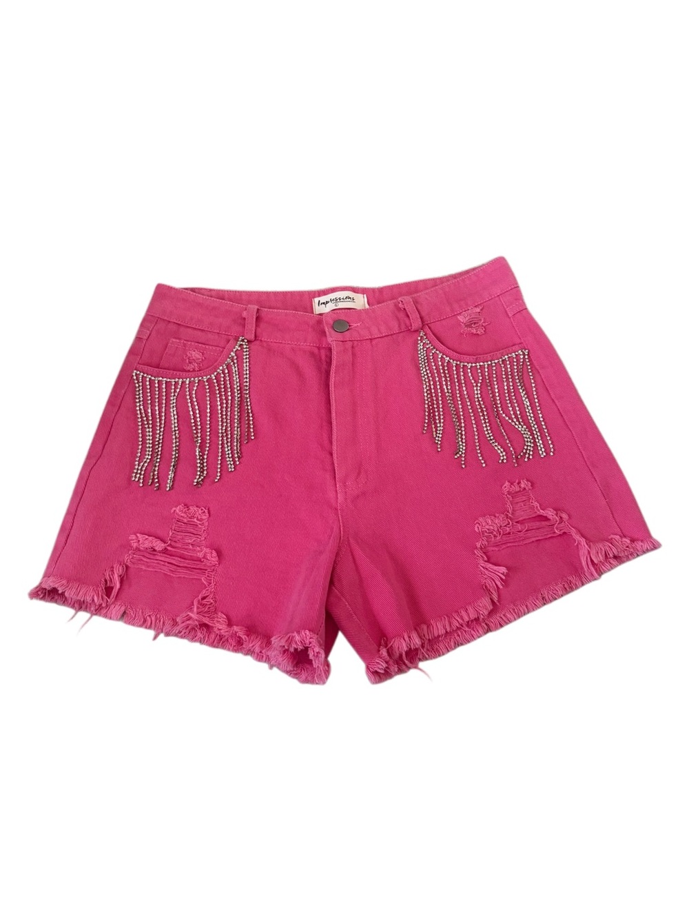 Concert Western Rhinestone Fringe Hot Pink Cotton Denim Shorts Large